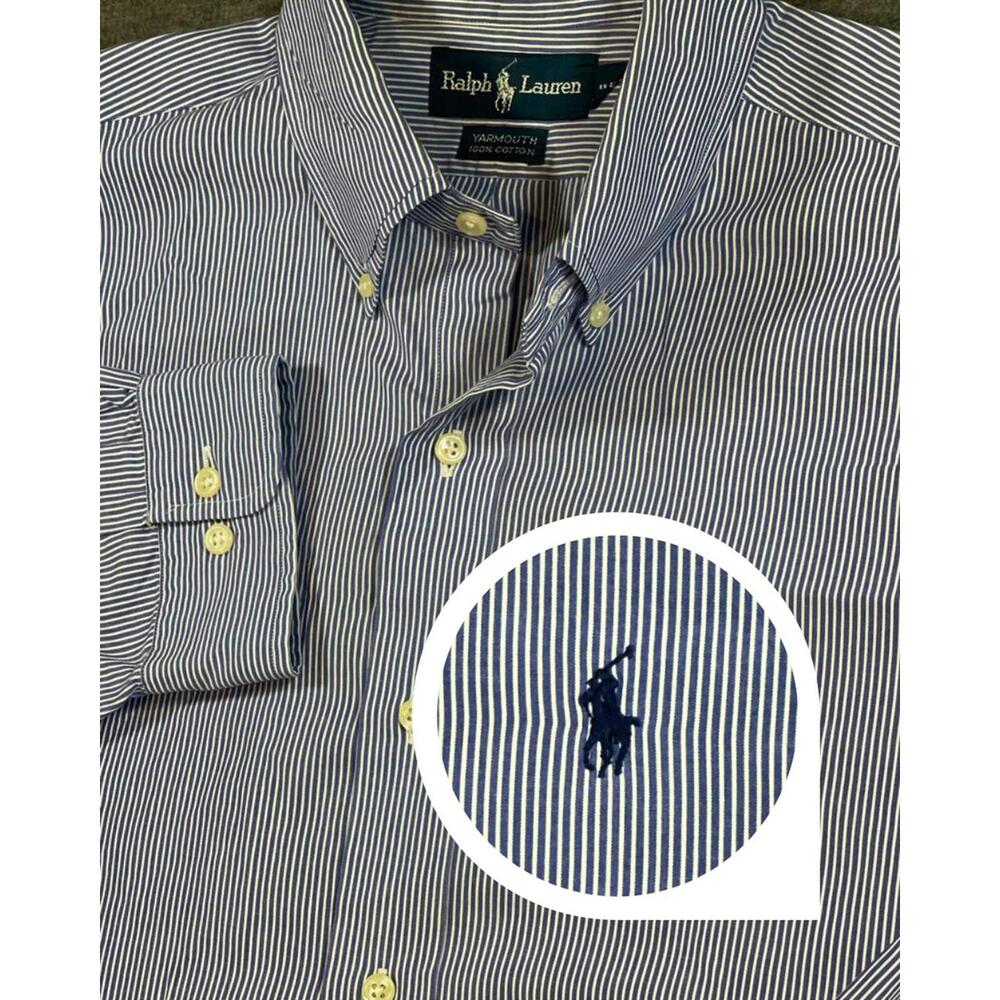 Ralph Lauren Yarmouth Button-Up Shirt- Size 16.5/34-35 Blue Stripe Pony Logo